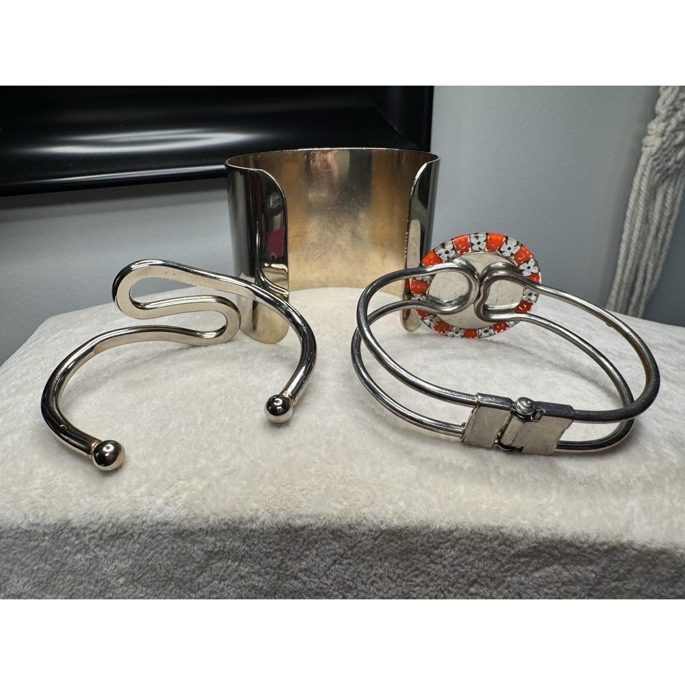 VTG Lot 3 Silver Tone Metal Cuff Bracelets Clamper Boho Western Statement Bangle - Picture 3 of 11